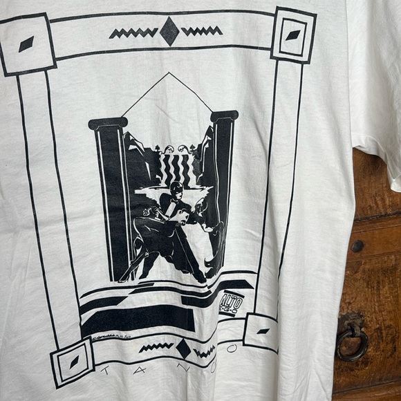 True 80s Vintage White Cotton T-Shirt Black Graphics Art Deco XL Oversized - Picture 2 of 5